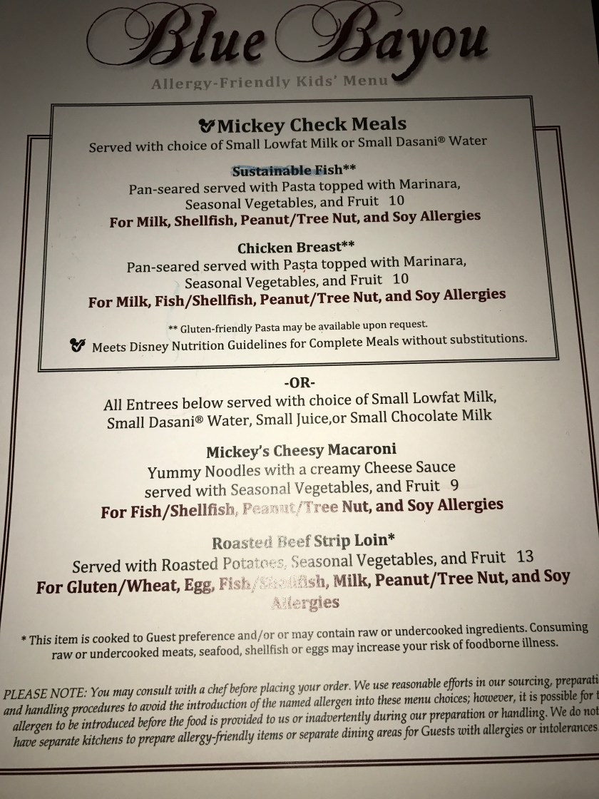 Disneyland's Blue Bayou Allergy Menu