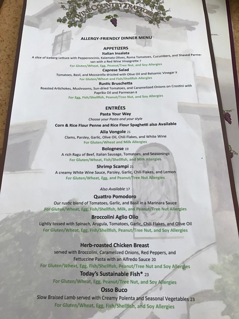 Wine County Trattoria Allergy Menu
