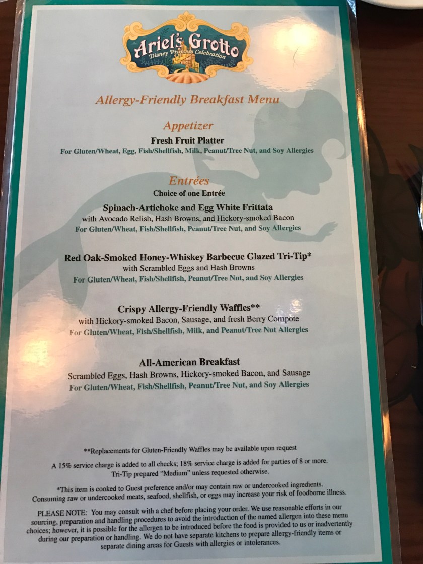 Ariel's Grotto Allergy Menu